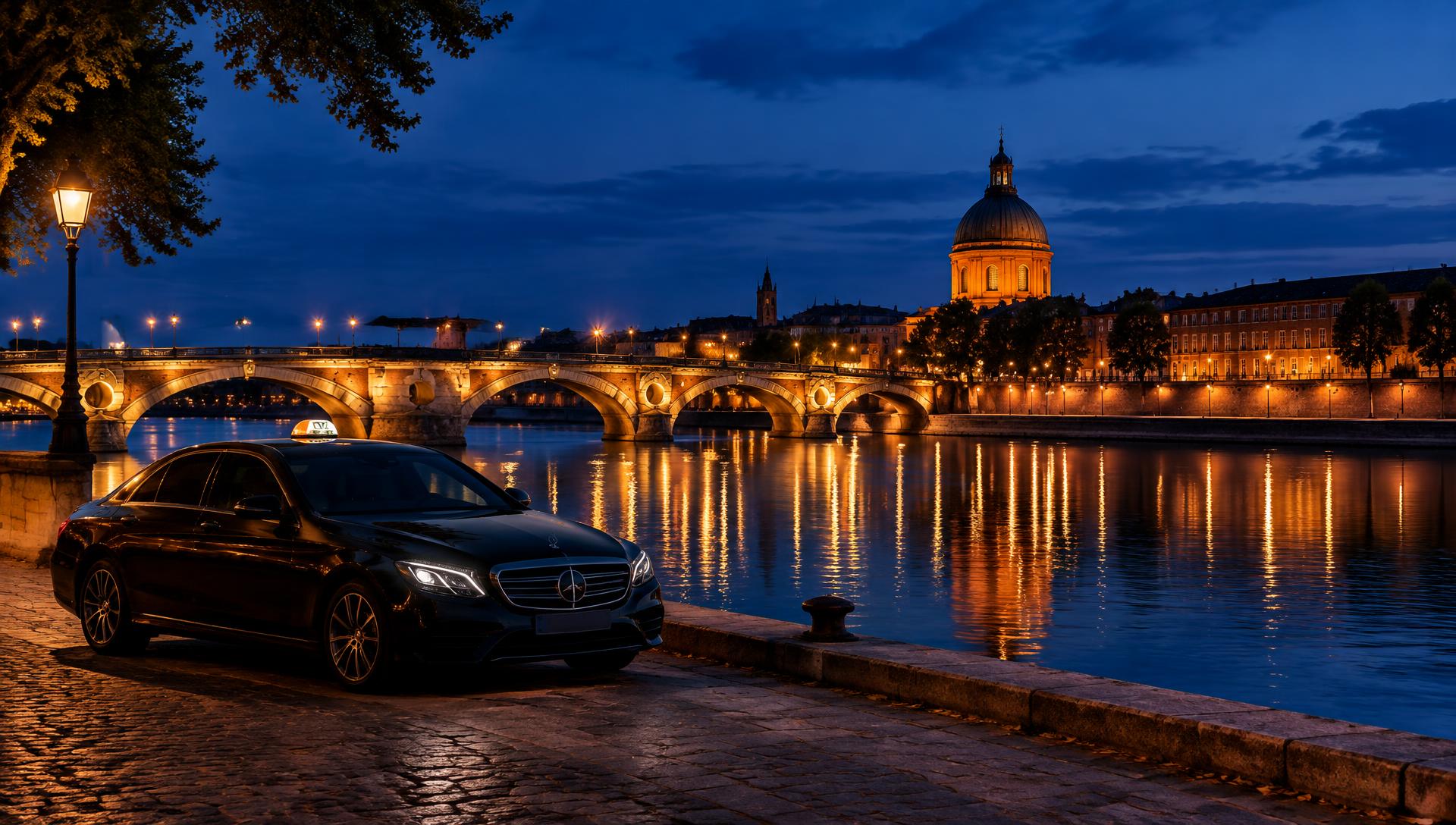 Taxi noir stationné sur les quais de la Garonne à Toulouse, à l'heure bleue